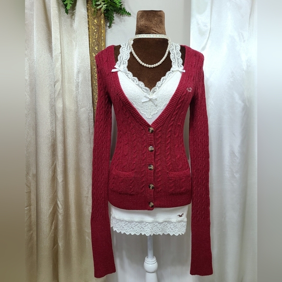 ♡ Y2K ♡ Hollister Red Cableknit Rabbit Hair Babydoll Cardigan Sweater - Picture 1 of 10